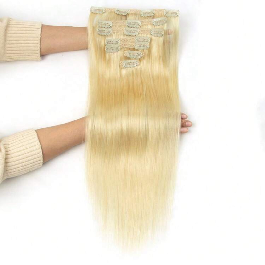 Blonde Premium quality Straight, 100% Human Hair Clip-In Extensions , , 7-Piece Set, 120gr