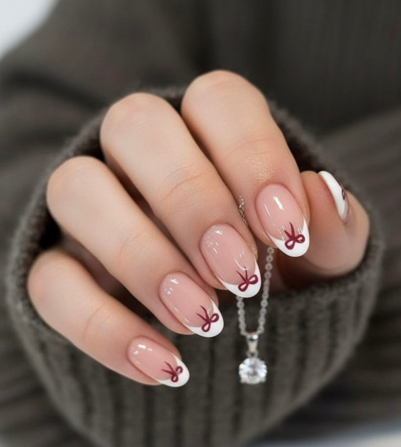 Lux white French press on nails 24Pcs Short Oval Cute Bow Pattern Design White French Tip Press On Nails Short Fit Perfectly Acrylic Nail Set .