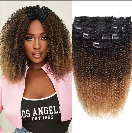 Afro kinky Curly Highlight Clip in Hair Extensions Human Hair Ombre 8pcs One Set Clip-In Hair Extensions Weft Hair Extension  Weaves