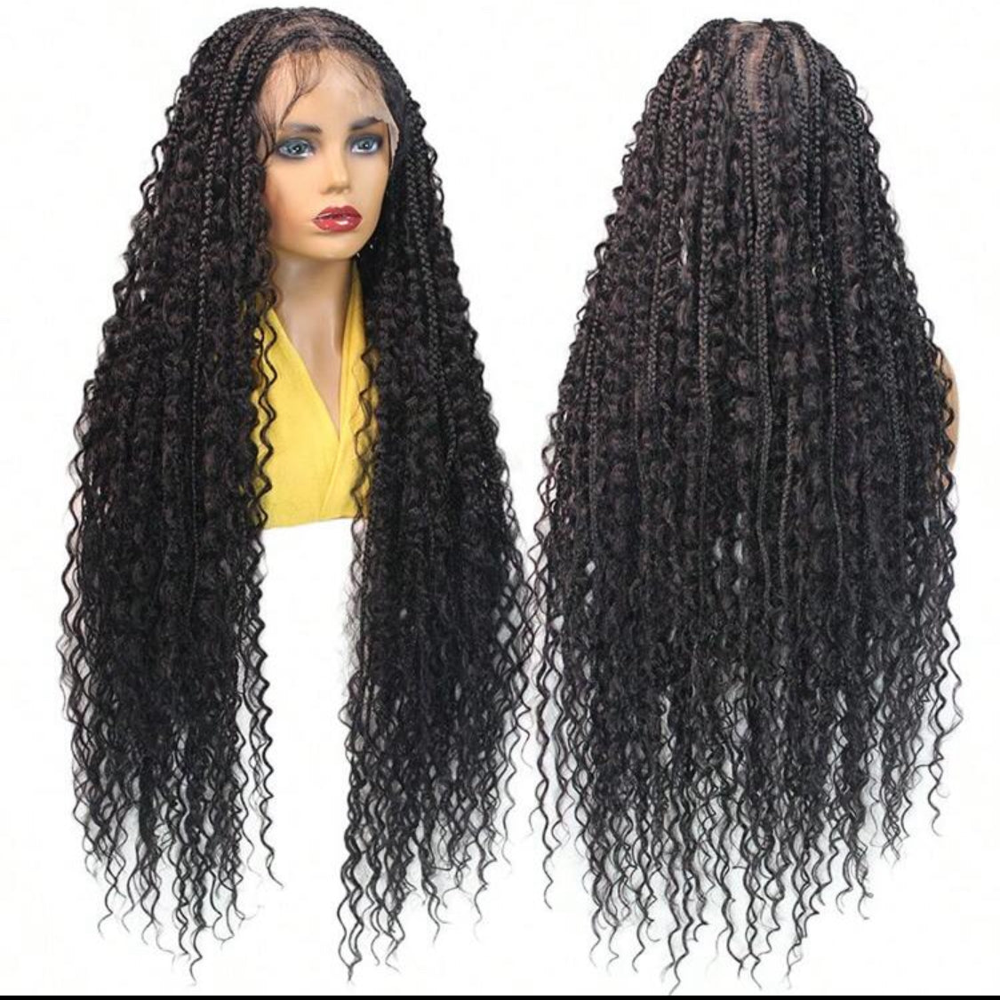 Boho Lace Braided Wig, Wavy Crochet Braids Wig With Baby Hair, Handmade No-Knot Braids