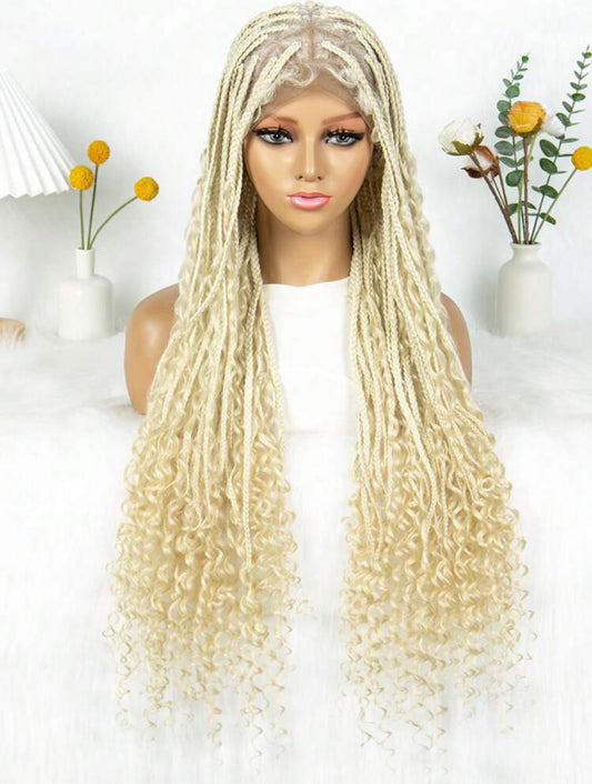 Premium Synthetic Blonde Box Braid Wig Curly Full Lace Front Goddess Braids Box Braid Wig