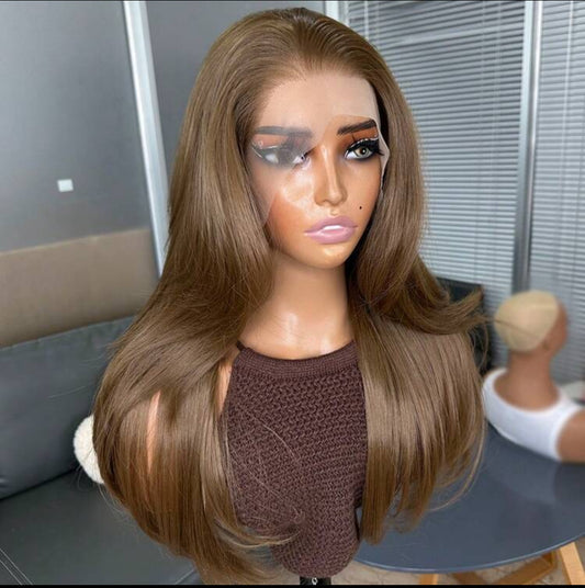 Hair Resistant Synthetic Hair Blonde Ombre 13x4 Synthetic Lace Front Wigs Bangs Glueless Middle Part 150% Density HD Transparent  Wigs