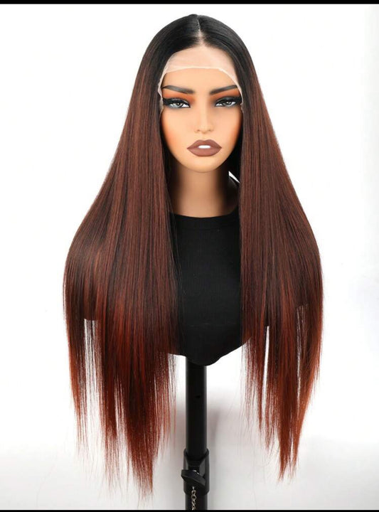 Ombre Red Premium  Synthetic T-Part Lace Wig Pre-Plucked Long Straight Wig For Straight Hair Wigs 30inch Ready To Wear Wigs