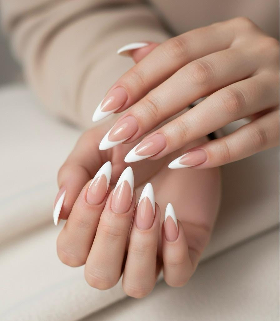 24 Pcs Medium Almond Shape Nail With French Style , Includes 1 Pc Sheet Adhesive Shiny Pink Color And White French Style