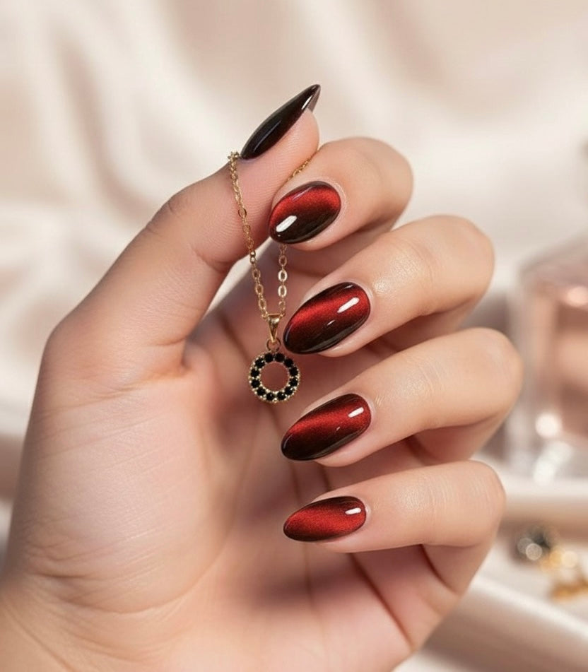 Almonds Glossy wine red  24pcs Y2K Long Aesthetic Crystal Cat Eye Acrylic Press On Nails Long Almond Nail Design Perfect Fit Shine And Beautiful