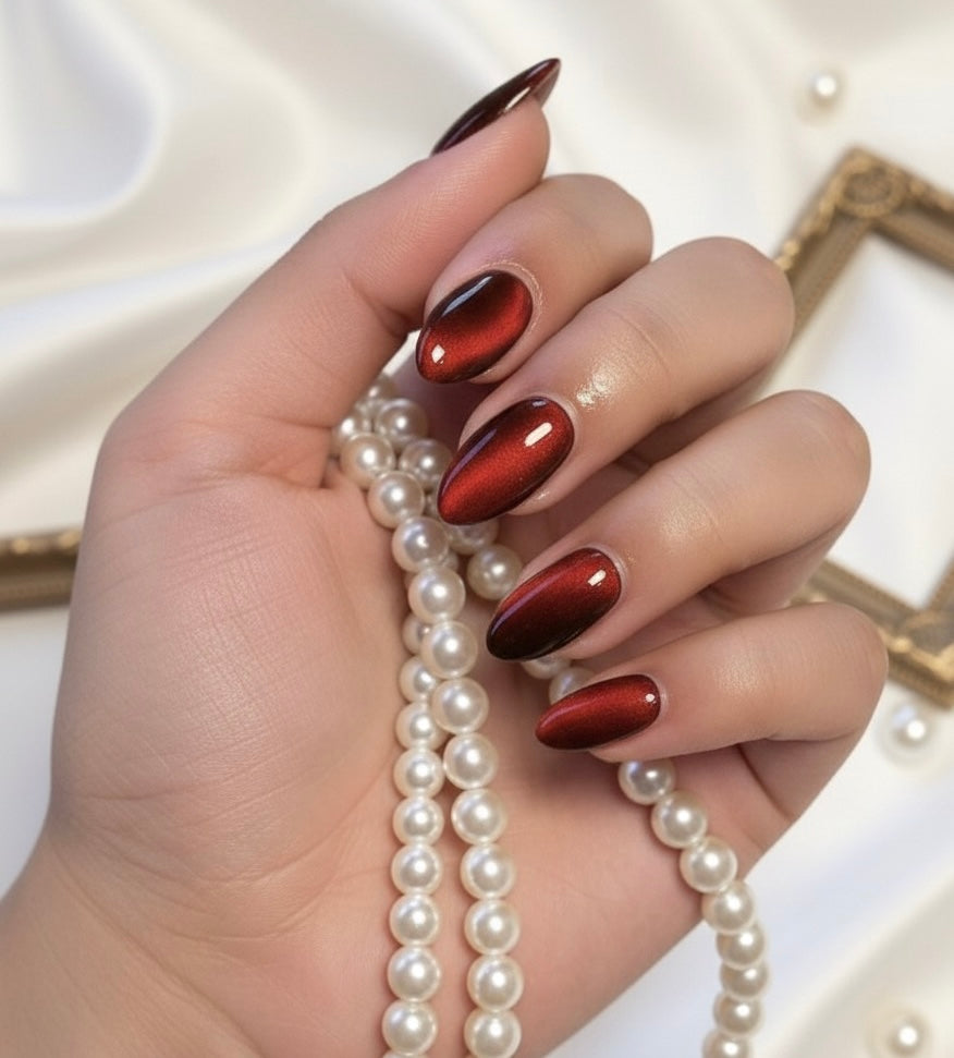 Almonds Glossy wine red  24pcs Y2K Long Aesthetic Crystal Cat Eye Acrylic Press On Nails Long Almond Nail Design Perfect Fit Shine And Beautiful
