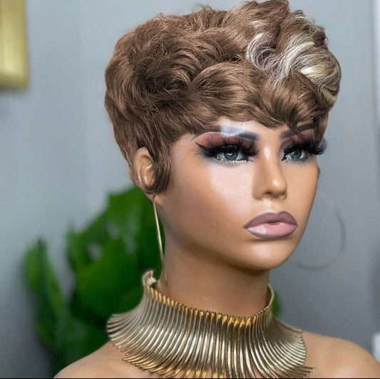 Brown Pixie Cut Human hair wig short trend Wave Wig 6inches pixie cut