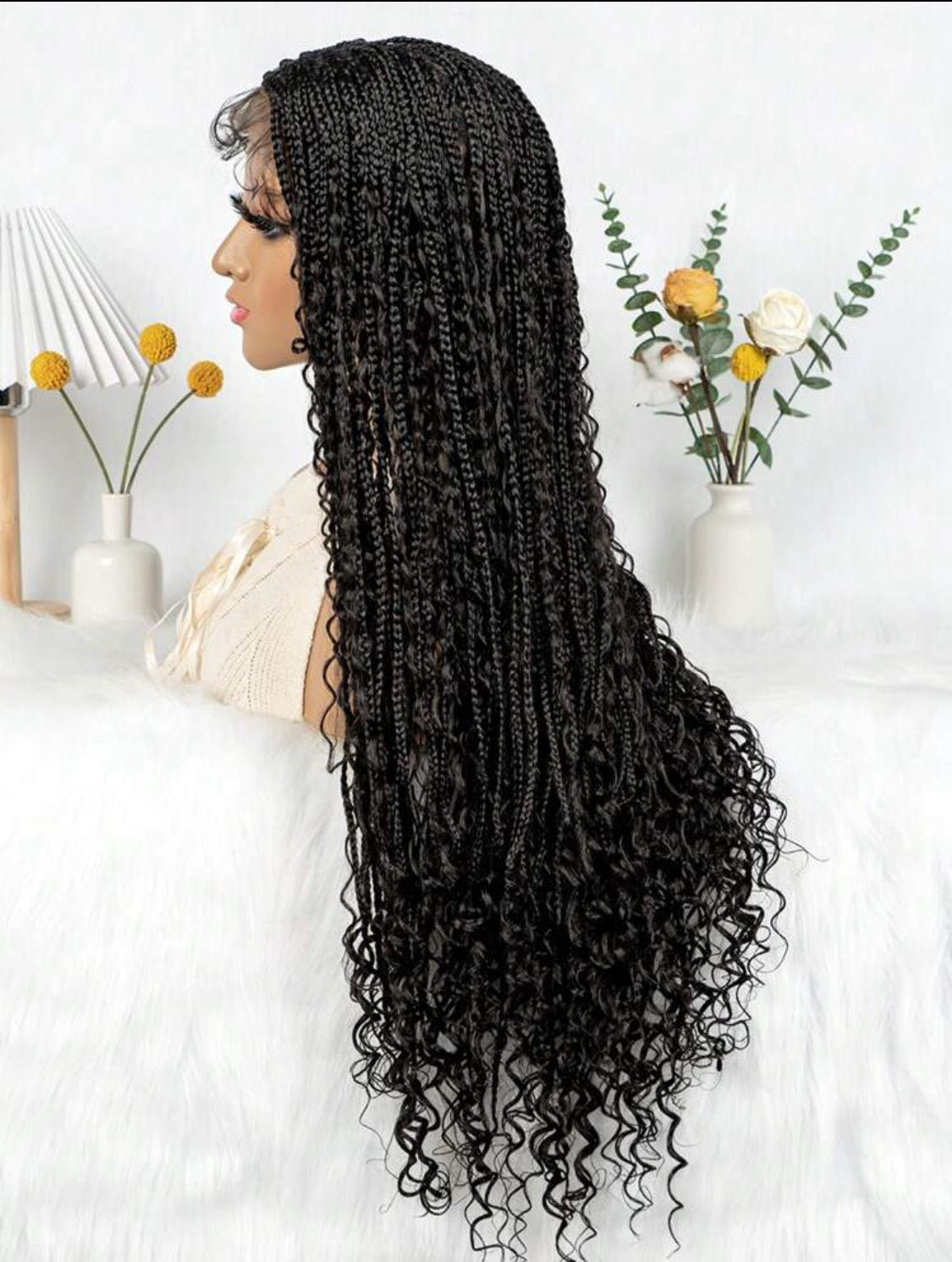 Boho Lace Braided Wig, Wavy Crochet Braids Wig With Baby Hair, Handmade No-Knot Braids