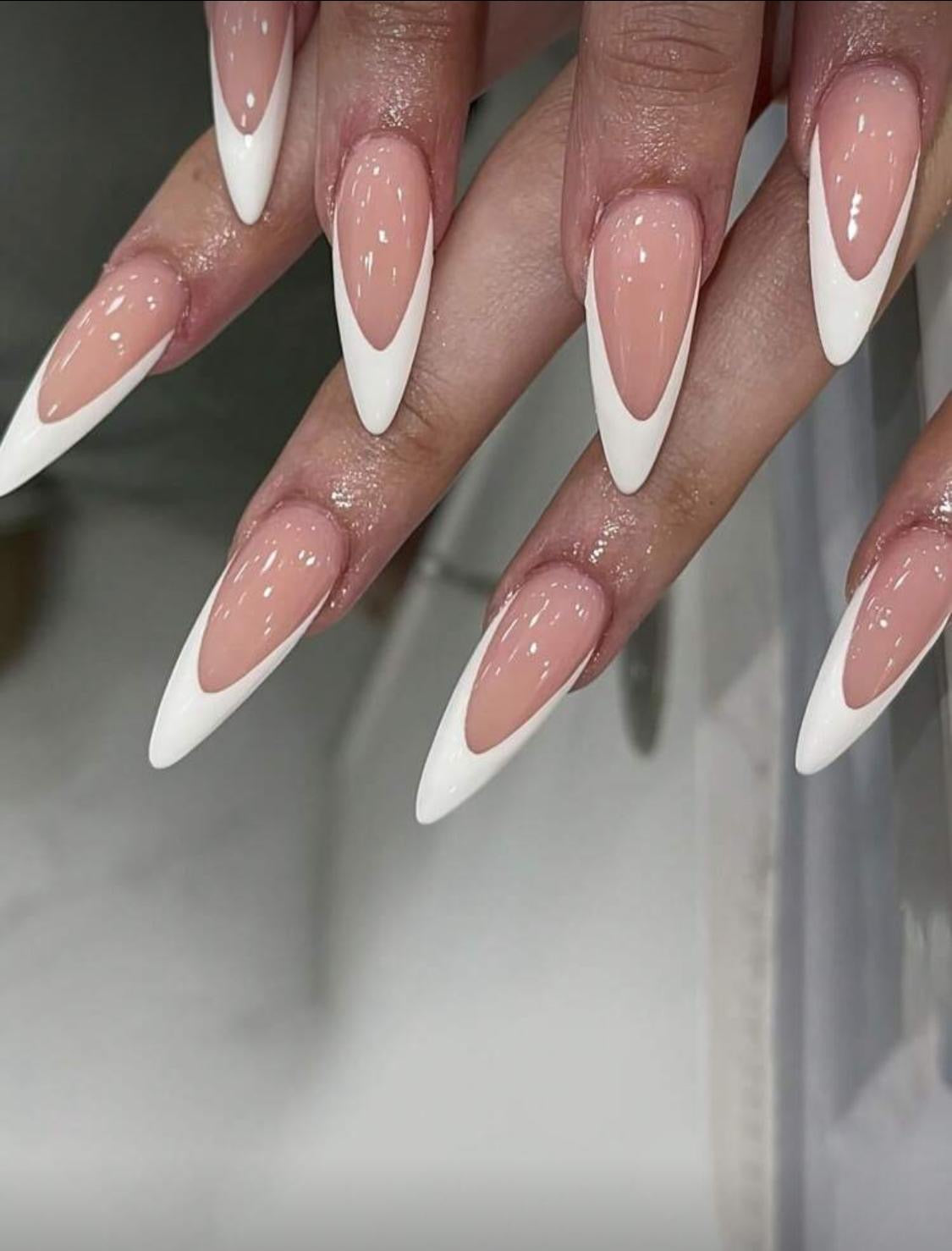 24 Pcs Medium Almond Shape Nail With French Style , Includes 1 Pc Sheet Adhesive Shiny Pink Color And White French Style