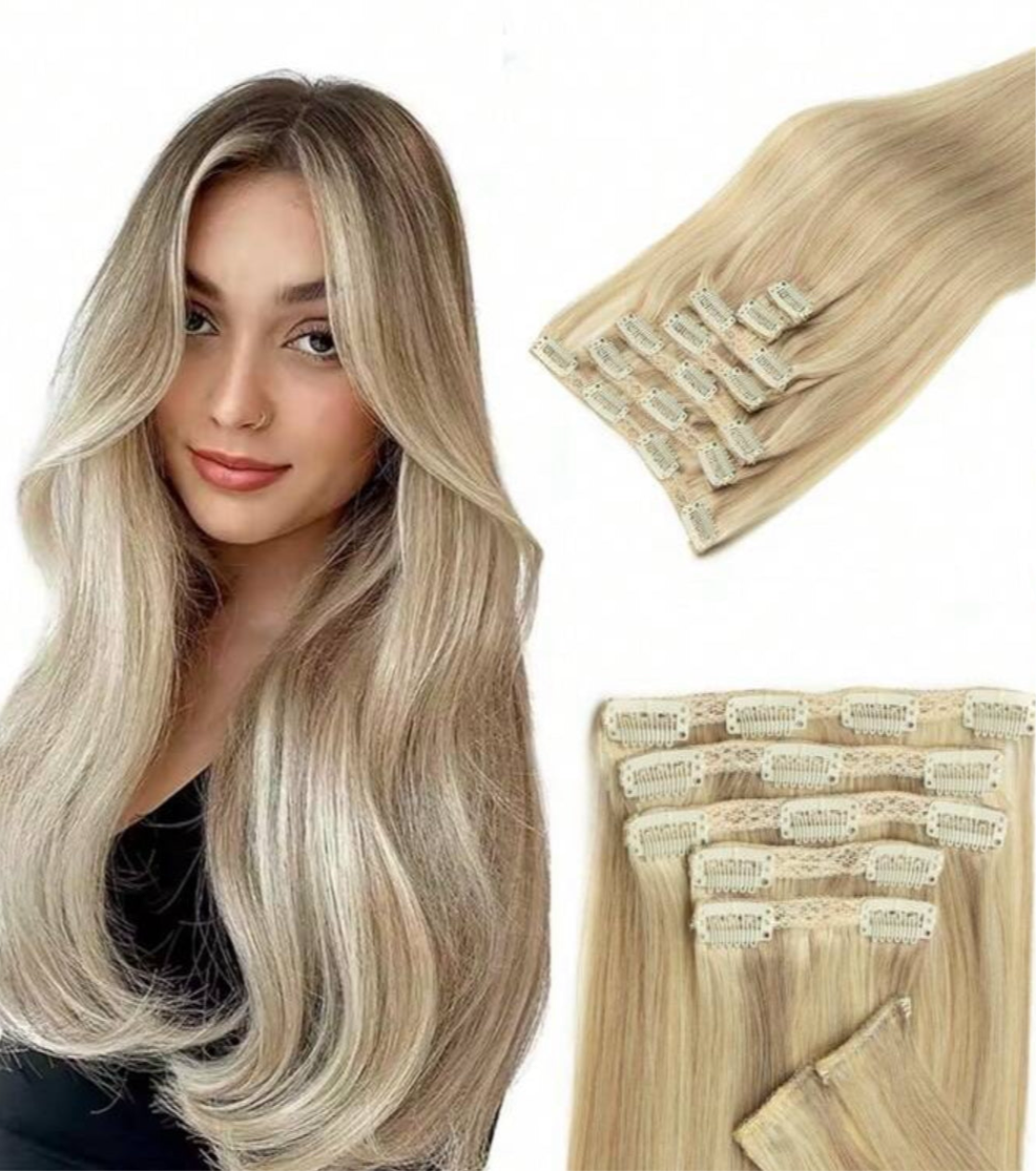 Silky Straight, 100% Human Hair Clip-In Extensions , , 7-Piece Set, 120gr