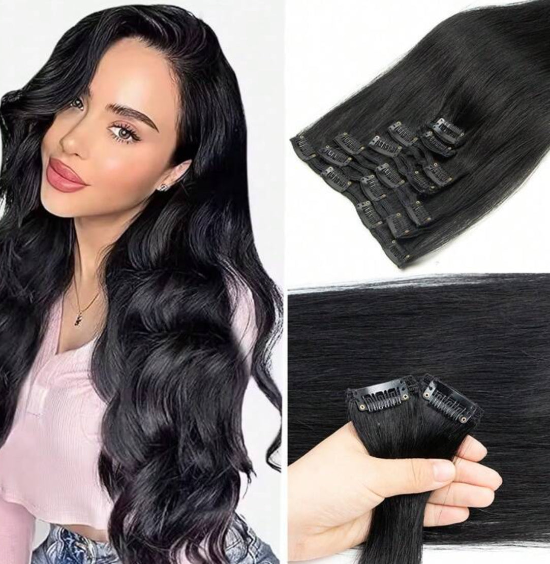100% Human Hair Clip-In Extensions – Silky Straight, Natural Black, 7-Piece Set, 120gr