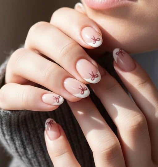 Lux white  French  press on nails 24Pcs Short Oval Cute Bow Pattern Design White French Tip Press On Nails Short Fit Perfectly Acrylic Nail Set .
