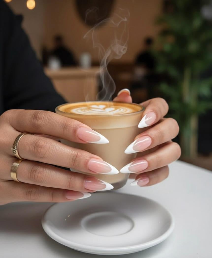 24 Pcs Medium Almond Shape Nail With French Style , Includes 1 Pc Sheet Adhesive Shiny Pink Color And White French Style