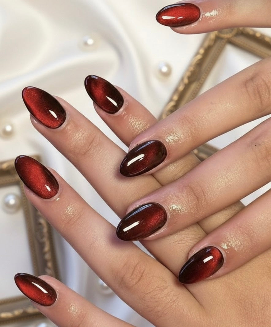 Almonds Glossy wine red  24pcs Y2K Long Aesthetic Crystal Cat Eye Acrylic Press On Nails Long Almond Nail Design Perfect Fit Shine And Beautiful