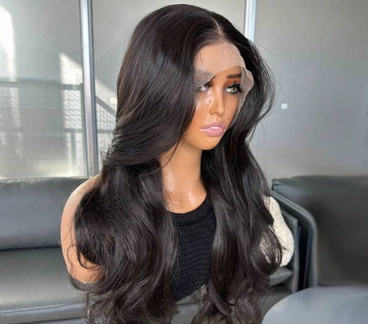Synthetic Hair Resistant Lace Front Wigs For Women 18 Inch Medium Long Wavy Curtain Bangs Glueless Kanekalon Hair Resistant 150% Density Natural Hairline Glueless wig