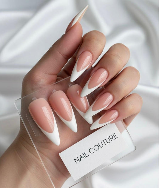 24 Pcs Medium Almond Shape Nail With French Style , Includes 1 Pc Sheet Adhesive Shiny Pink Color And White French Style