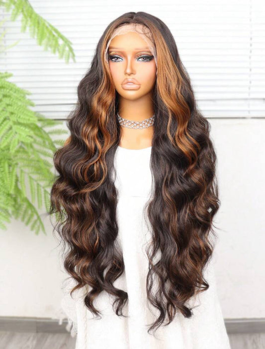 Synthetic Heat Resistant Front Lace Wig 13*4 Long Wave Hair 30 Inch Brown Natural Looking High Quality