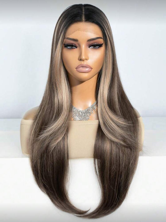 Highlight Cosplay Heat Resistant 28 Inch Synthetic Lace Front Wigs Straight Lace Hair Wig Orange Ombre Blonde Heat Resistant