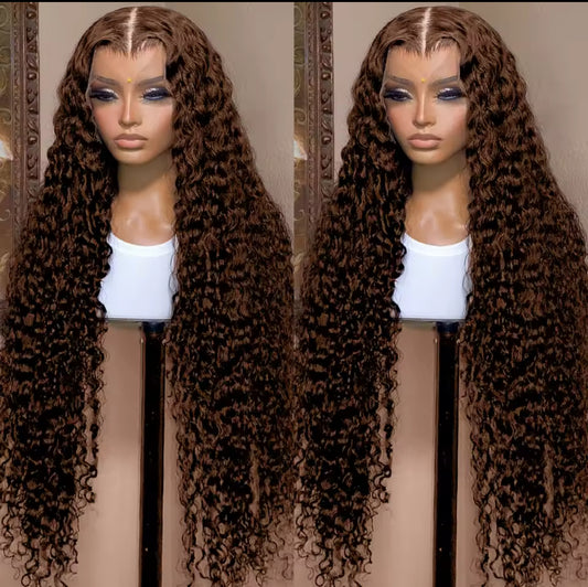 Chocolate Brown Water Curly Wigs HD Human Hair Lace Frontal Wig 13x4 Deep Wave Colored Wig , 200 Density