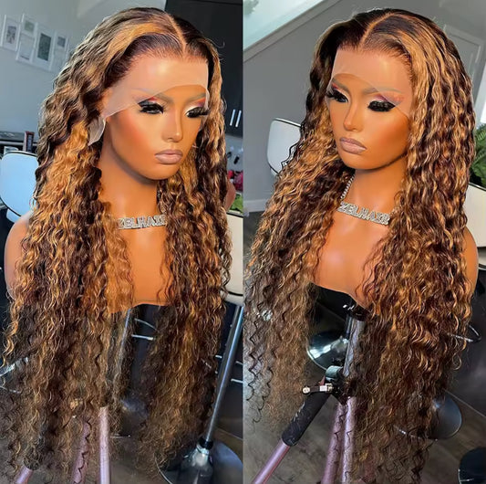 Highlight Honey Brown Curly Lace Front Human Hair Wigs 13x4 Ombre Colored Deep Wave Lace Frontal Wig 180 Density