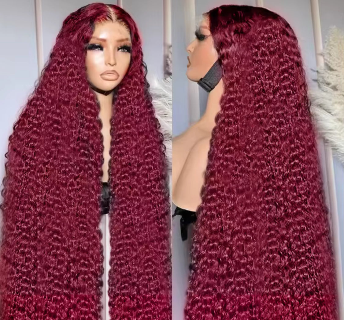 99J Burgundy Deep Wave Red Lace Front Human Hair 13x6 HD Transparent Lace Frontal Water Curly Wigs