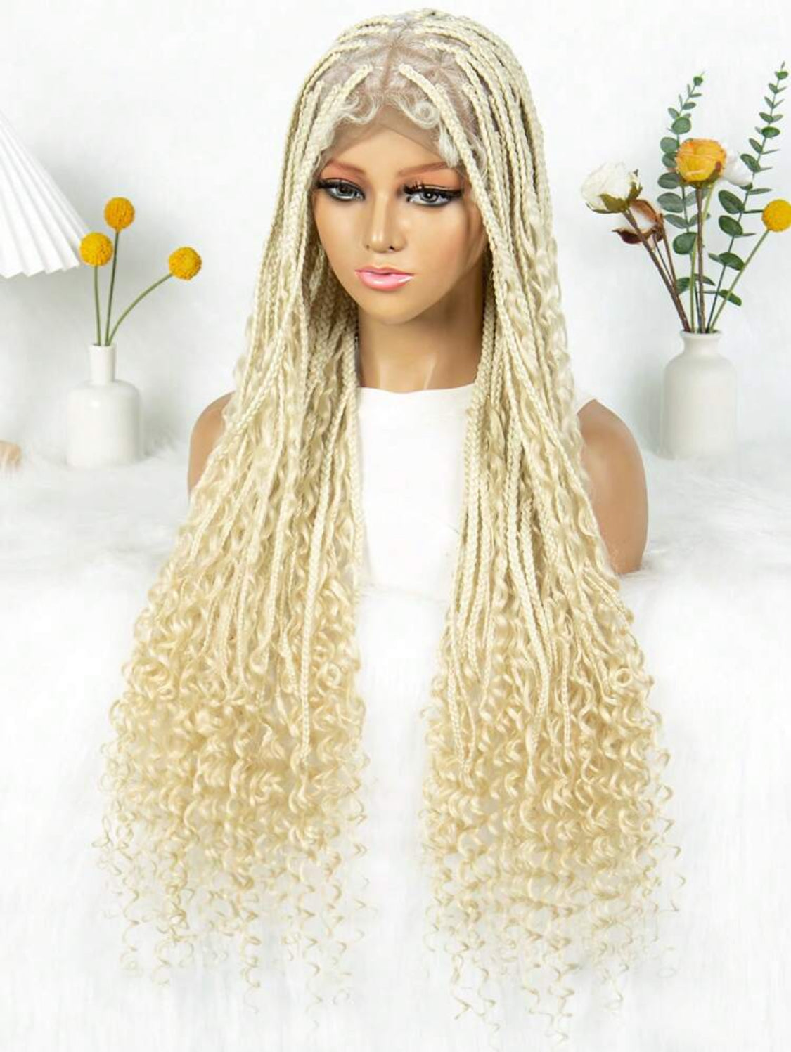 Premium Synthetic Blonde Box Braid Wig Curly Full Lace Front Goddess Braids Box Braid Wig