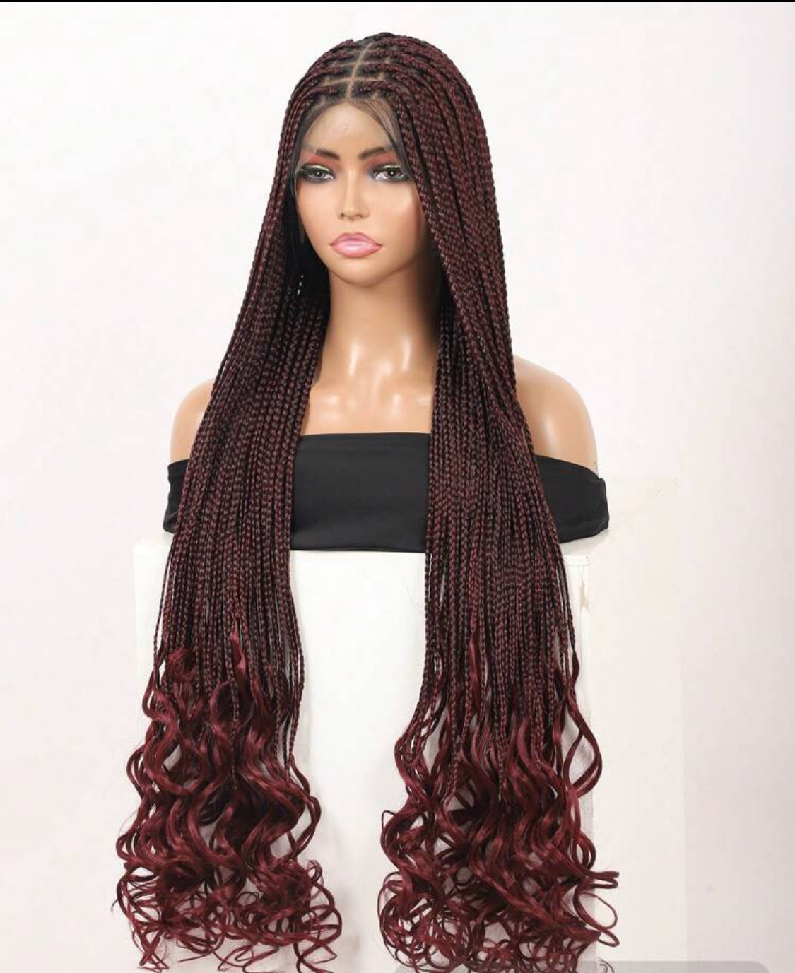 Red Ombre  Lace Front Knotless Synthetic Wigs Box Braided Wigs With Baby Hair Long Braids Wig With Curls Ends