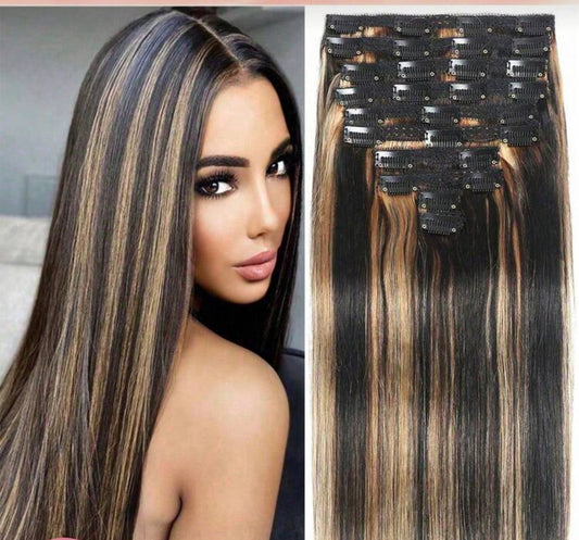Highlight Clip In Real Human Hair 160g,  10 Pcs/Set Extensions Silky Straight Black Mixed With Brown Clip Ins Hair Extensions